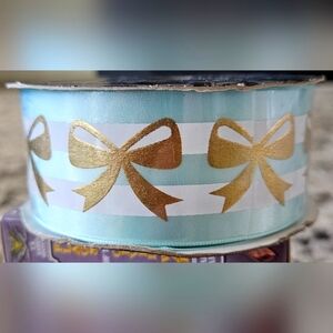 Vintage Hobby Lobby The Ribbon Boutique White Blue Stripe Gold Bow 3 Yd x 1.5 in